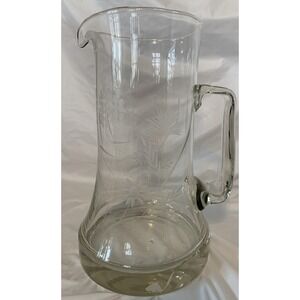 Vintage Large Flowers Etched‎ Glass Water Pitcher Thick Heavy Base  10" Tall